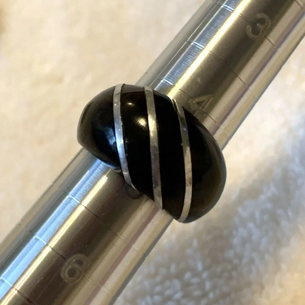 Vintage Bakelite Ring Black Dome w/ Silver Inlay Stripes Chunky Band Size 5